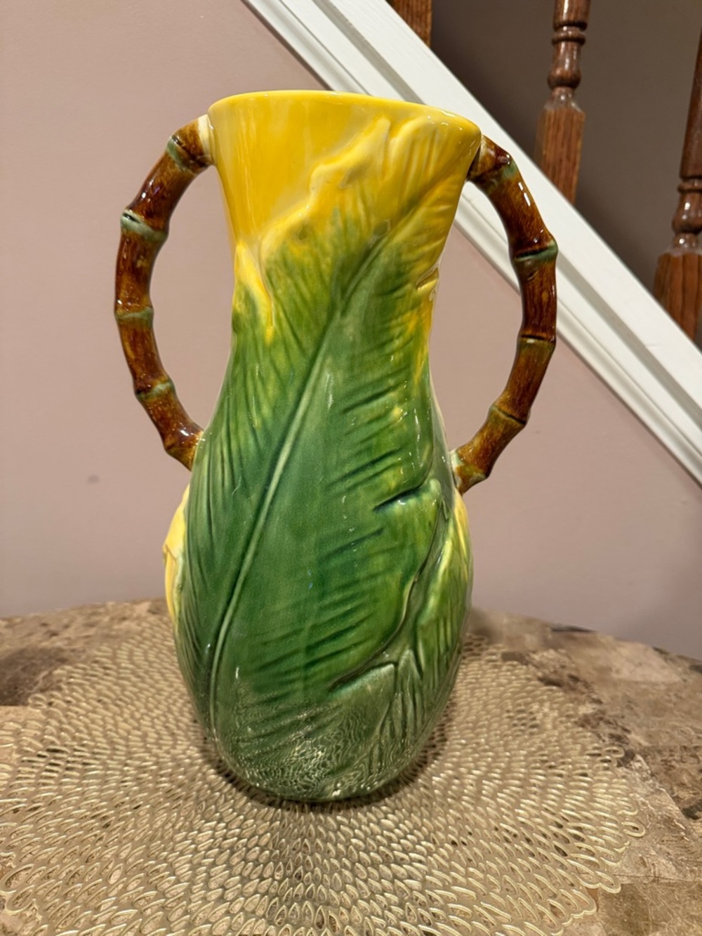 Green and YellowGlazed Decorative Ceramic Vase with Leaf and Bamboo Design